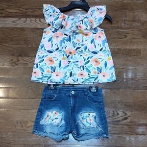 Floral Kids Matching Set with Denim Shorts